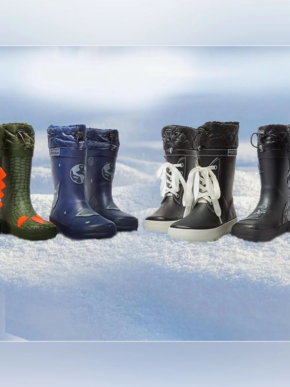 London Fog Black Quilted Cuff Kids' Dino Rain Boot